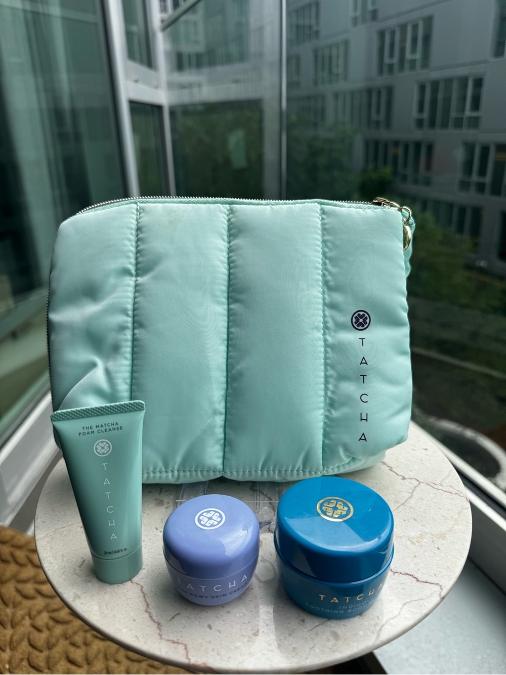 Tatcha Quilted Mint Green Cosmetic Pouch Skincare Bundle